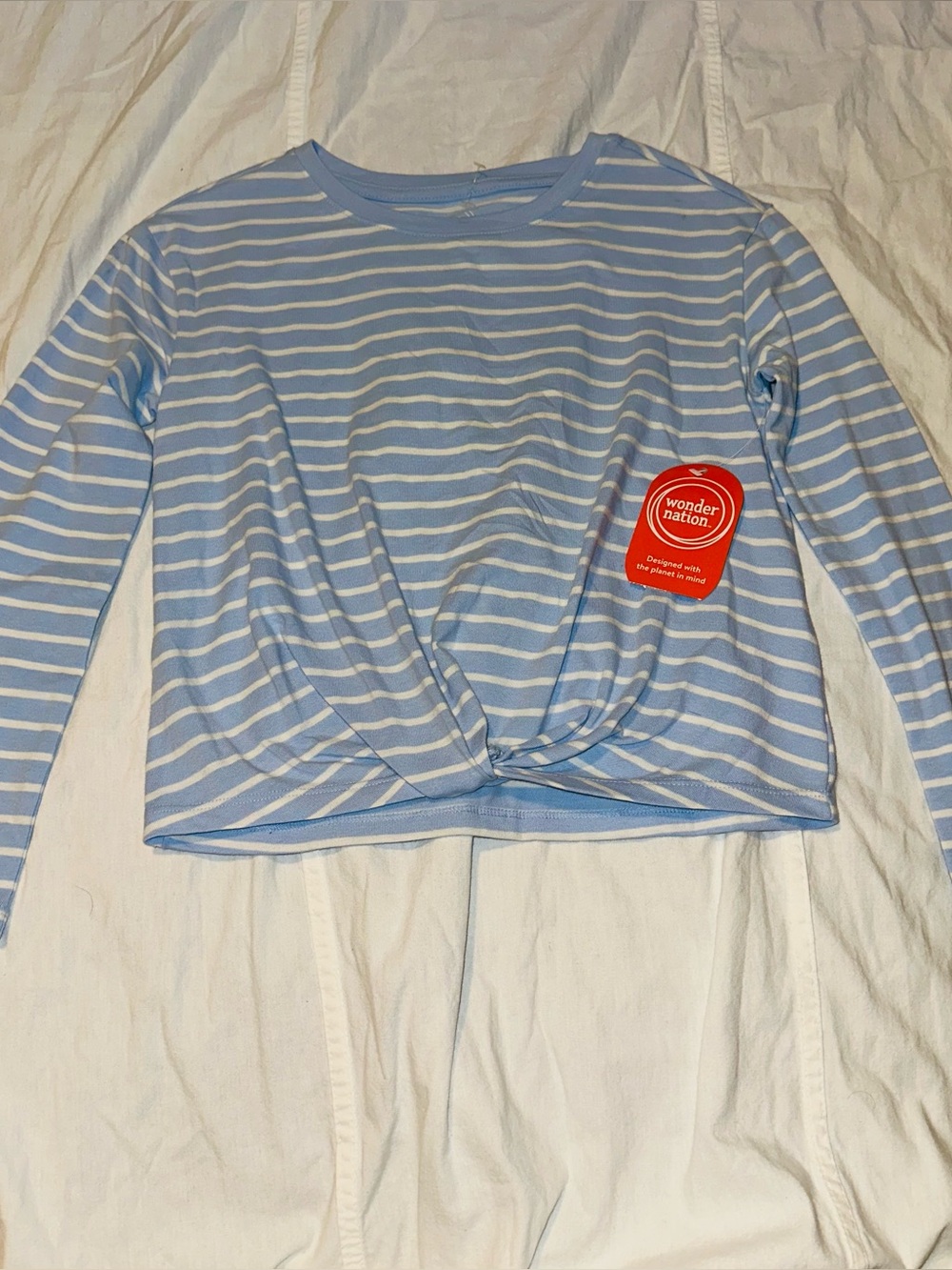 Wonder Nation Girls Blue & White Striped Twist Front Long Sleeve Top – New With